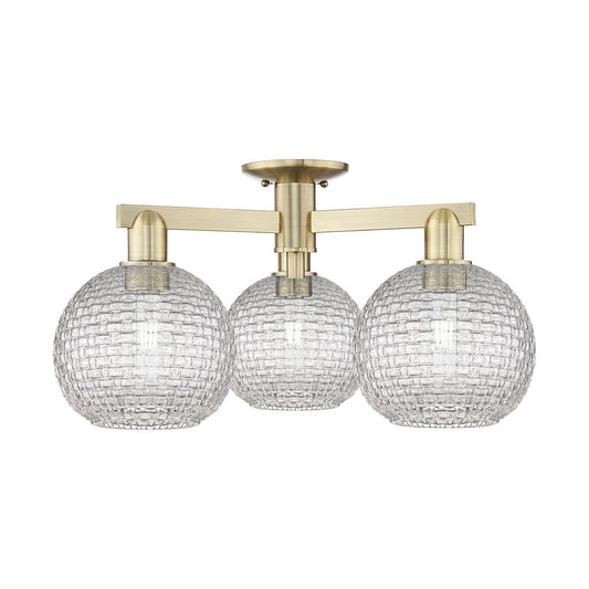 Innovations Athens 26in 3-Light Semi-Flush Mount | Industrial Antique Brass and Clear Basket Weave Glass | Entryway & Hallway | Model 716-3F-AB-G122C-8CL