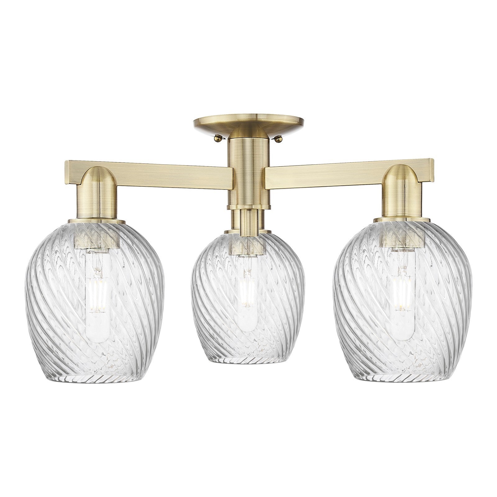 Innovations Salina 23in 3-Light Semi-Flush Mount | Industrial Antique Brass Steel and Clear Spiral Fluted Glass | Kitchen & Hallway | Model 716-3F-AB-G292