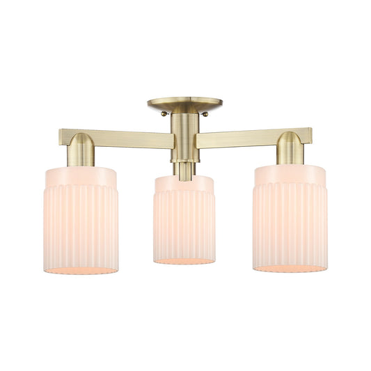 Innovations Hadley 22in 3-Light Semi-Flush Mount | Industrial Antique Brass Steel and Matte White Ribbed Glass | Damp Location | Model 716-3F-AB-G341