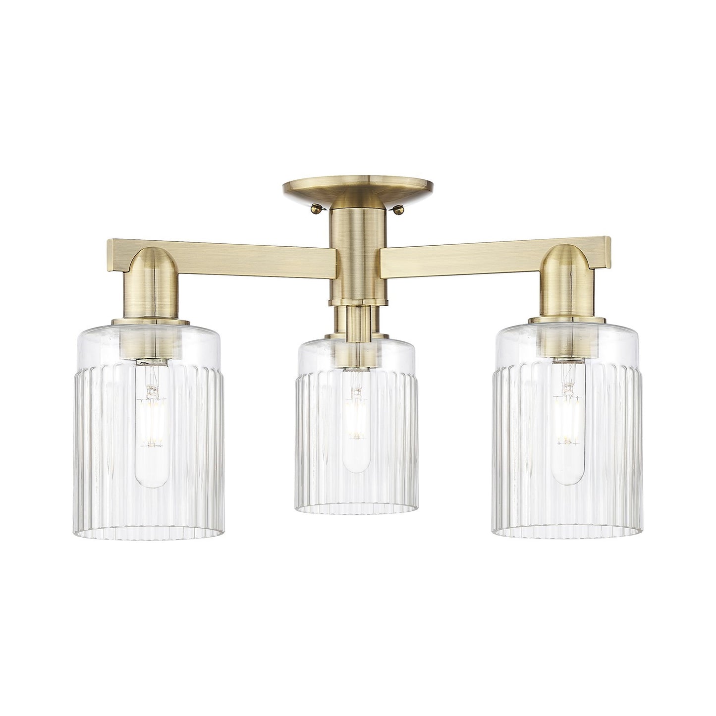 Innovations Hadley 22in 3-Light Semi-Flush Mount | Industrial Antique Brass Steel and Clear Ribbed Glass | Entryway & Hallway | 22 | Model 716-3F-AB-G342
