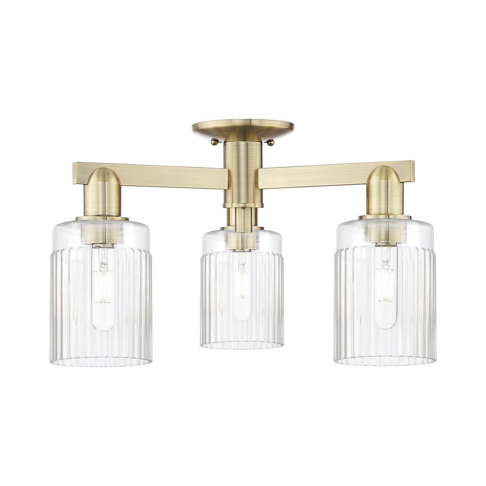 Innovations Hadley 22in 3-Light Semi-Flush Mount | Industrial Antique Brass Steel and Clear Ribbed Glass | Entryway & Hallway | 22 | Model 716-3F-AB-G342