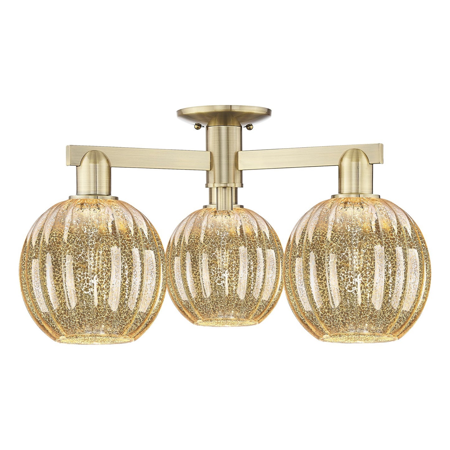 Innovations Preston Globe 24.5in 3-Light Semi-Flush Mount | Industrial Antique Brass Steel and Mercury Glass | Living Room & | Model 716-3F-AB-G458-7ME