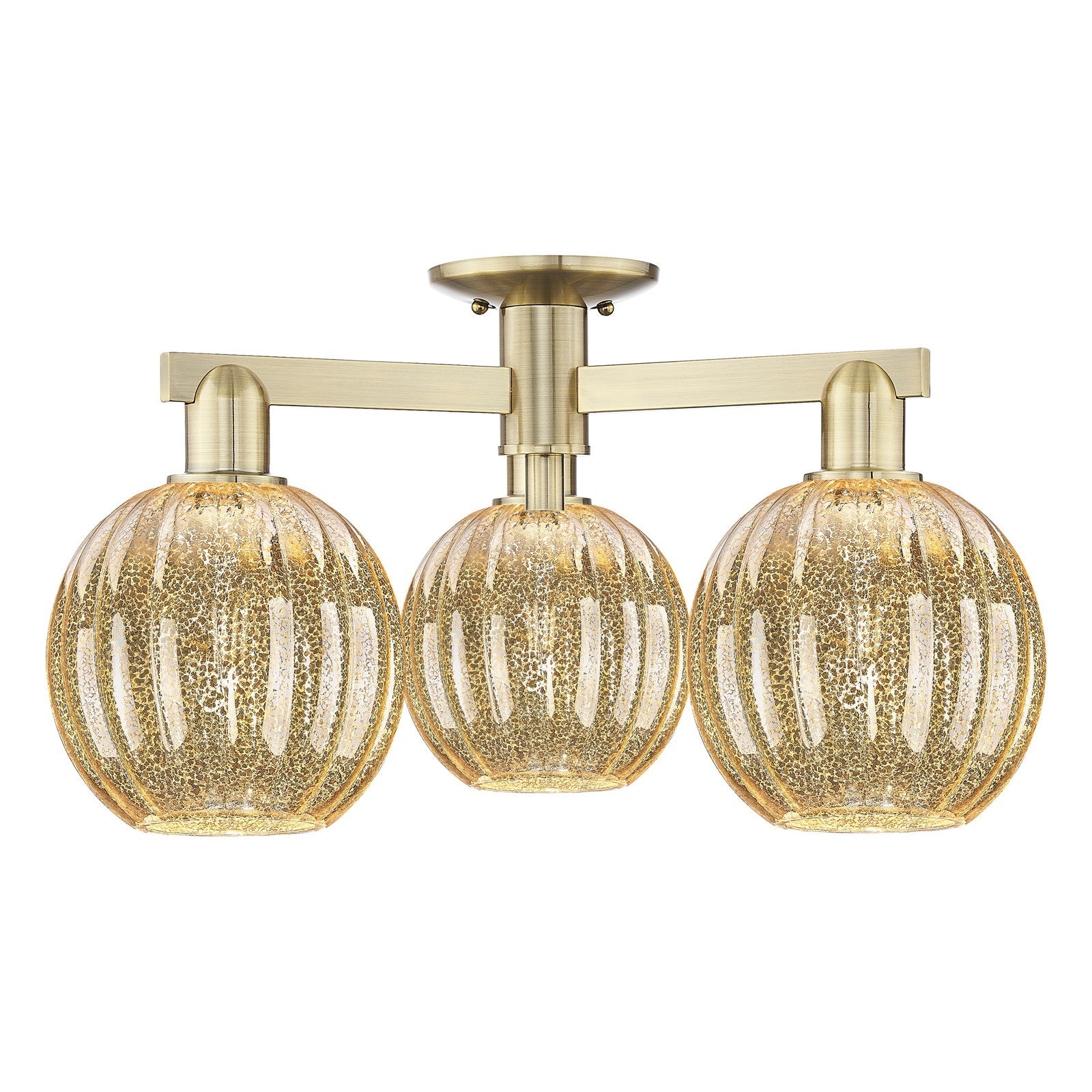 Innovations Preston Globe 24.5in 3-Light Semi-Flush Mount | Industrial Antique Brass Steel and Mercury Glass | Living Room & | Model 716-3F-AB-G458-7ME