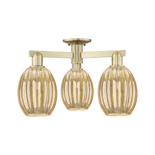 Innovations Preston Bulb 24in 3-Light Semi-Flush Mount | Industrial Antique Brass Steel and Mercury Glass | Entryway & Hallway | Model 716-3F-AB-G459-6ME