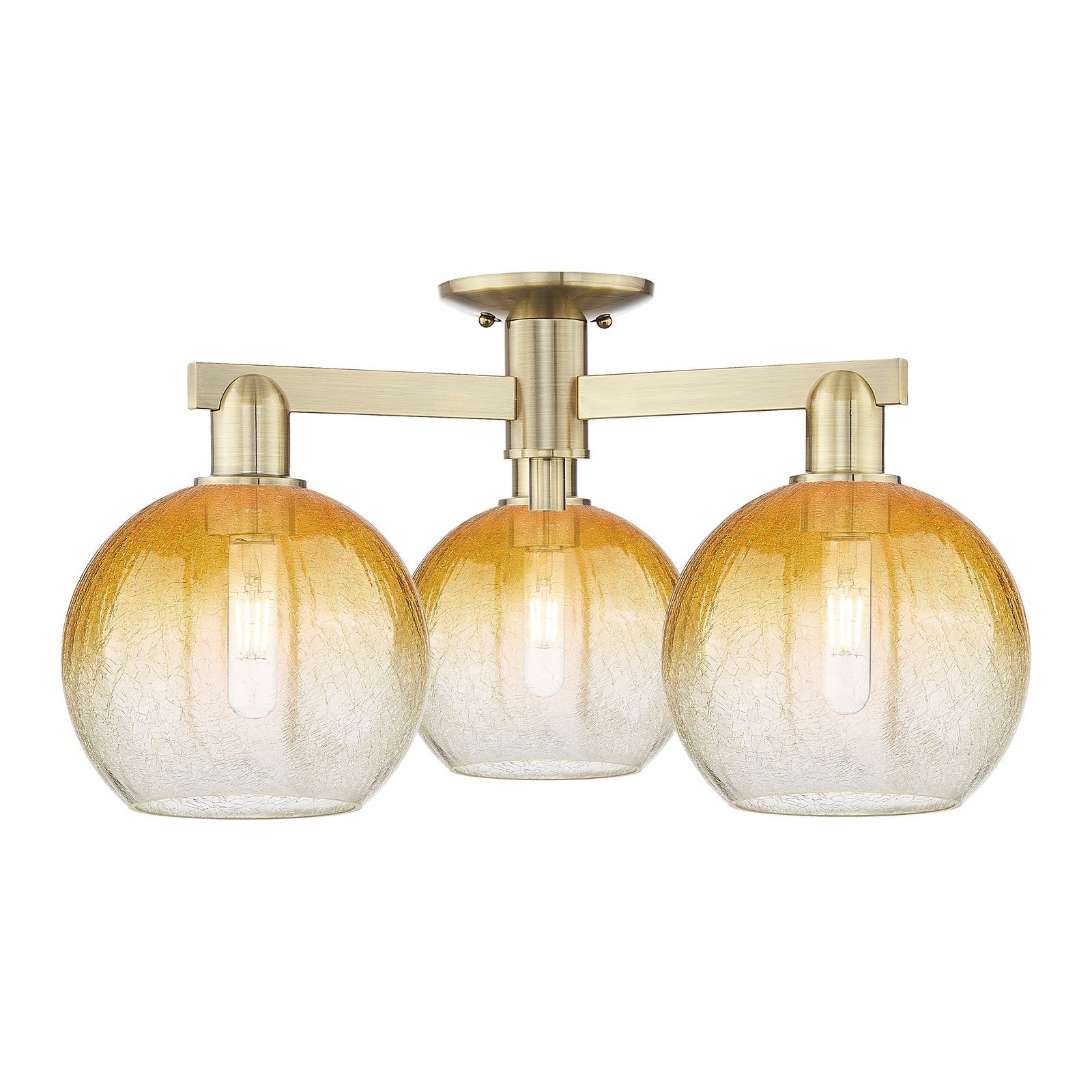 Innovations Brookhaven Globe 25.5in 3-Light Semi-Flush Mount | Industrial Antique Brass and Amber Glass | Entryway & Hallway | Model 716-3F-AB-G483-8AM