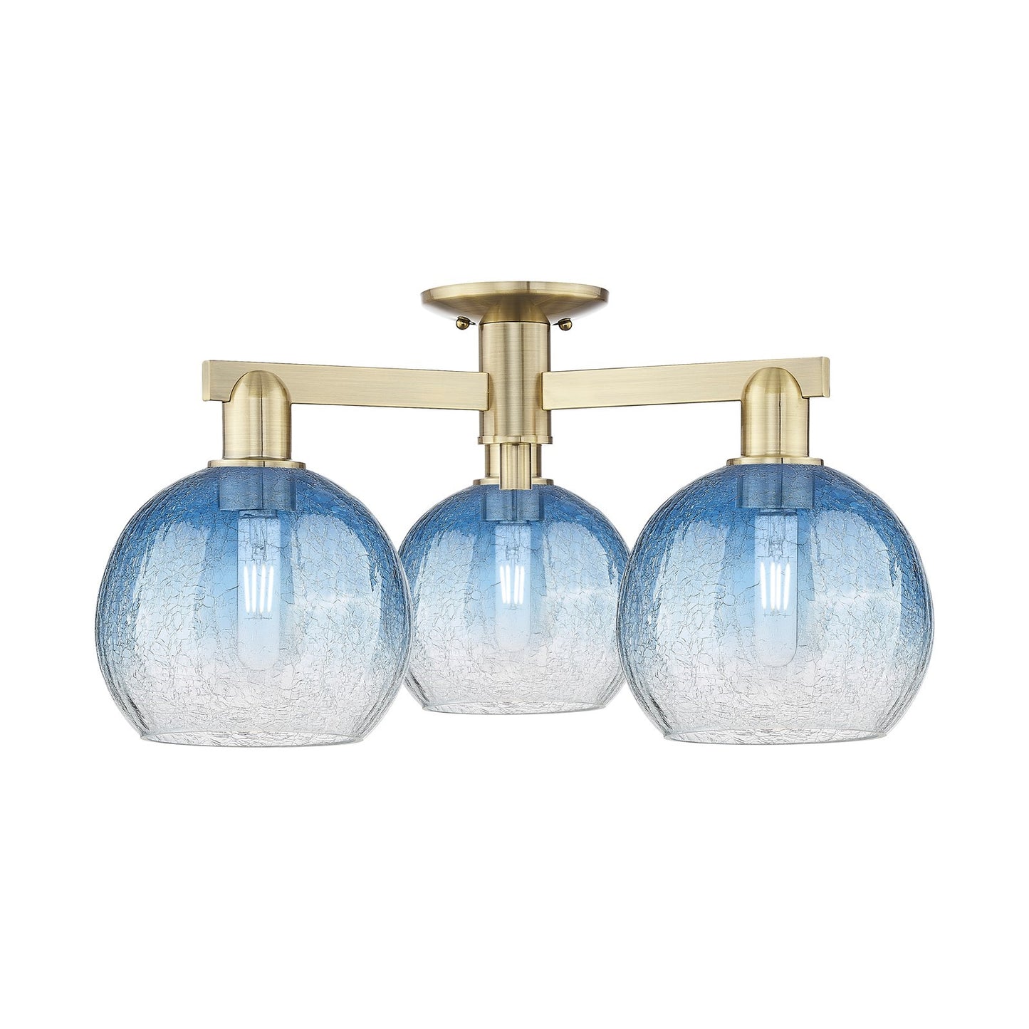 Innovations Brookhaven Globe 25.5in 3-Light Semi-Flush Mount | Industrial Antique Brass and Sapphire Blue Glass | Living Room & | Model 716-3F-AB-G483-8SB