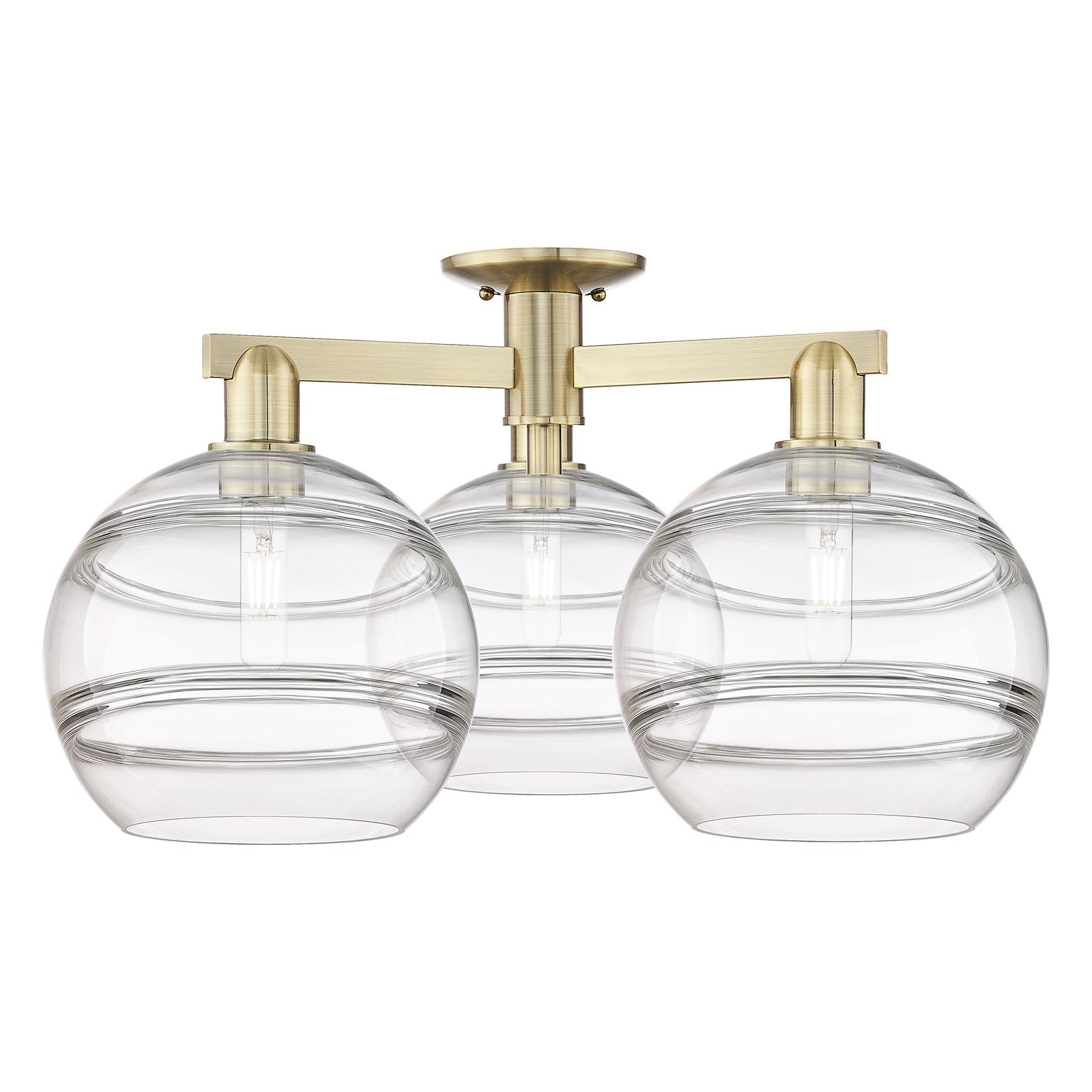 Innovations Rochester 28in 3-Light Semi-Flush Mount | Industrial Antique Brass Steel and Clear Glass | Kitchen & Hallway | Model 716-3F-AB-G556-10CL