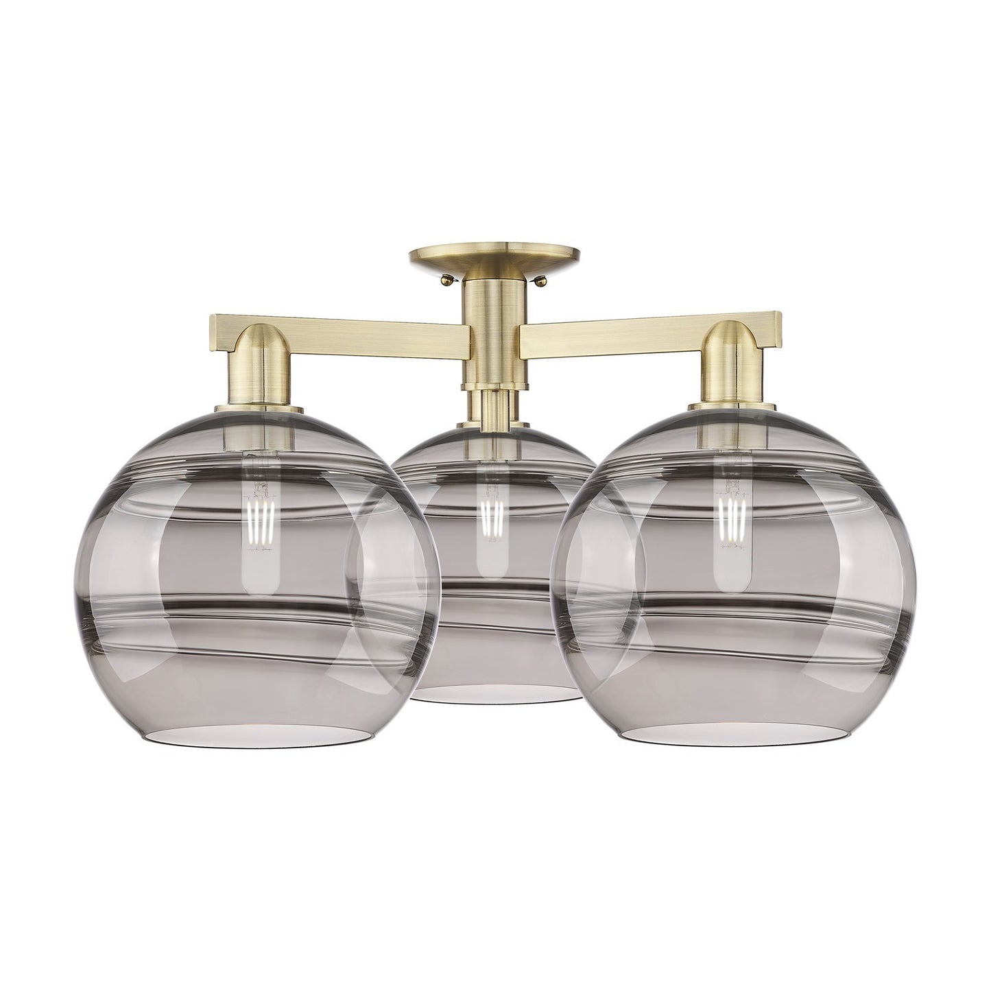 Innovations Rochester 28in 3-Light Semi-Flush Mount | Industrial Antique Brass and Light Smoke Glass | Living Room & Bedroom | Model 716-3F-AB-G556-10SM