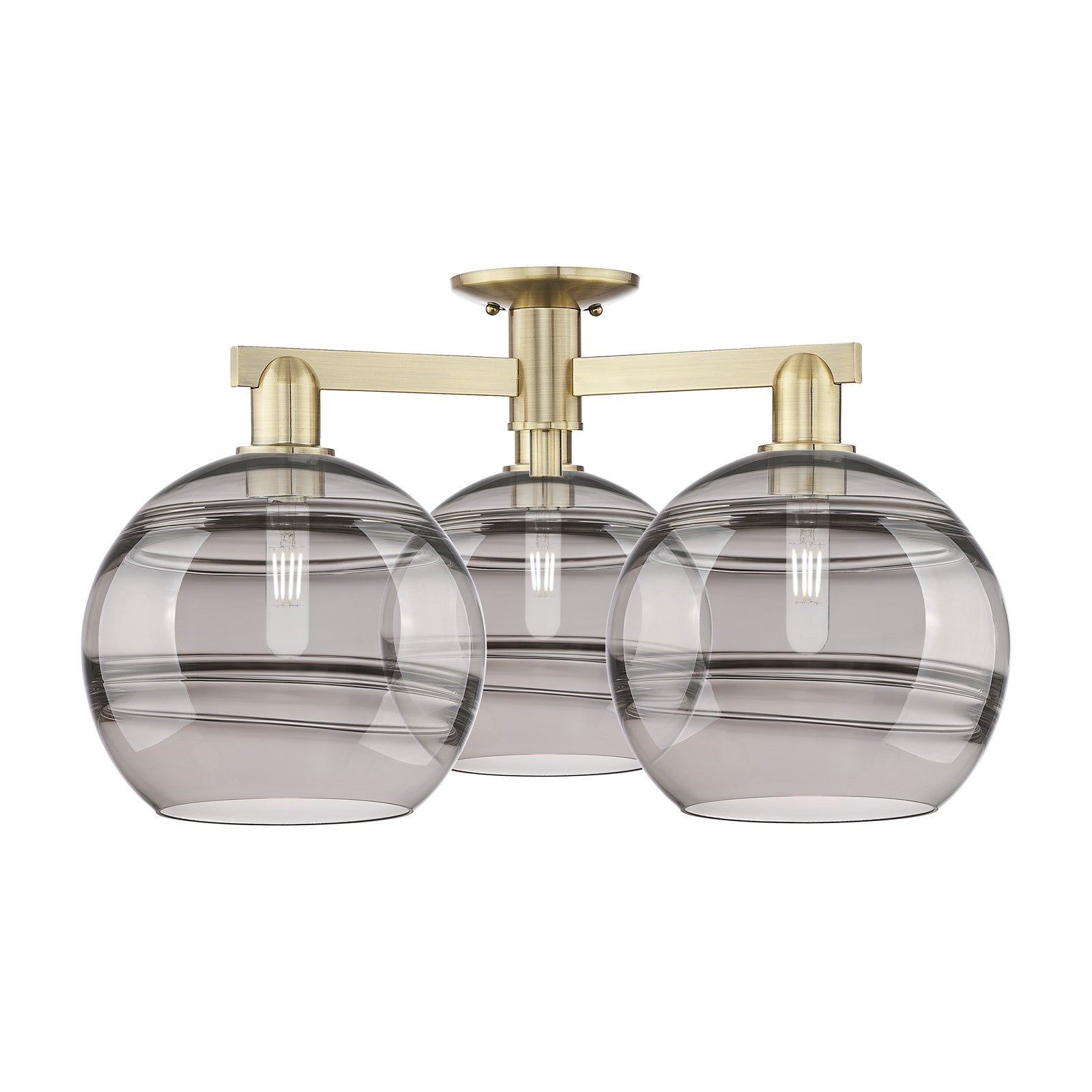 Innovations Rochester 28in 3-Light Semi-Flush Mount | Industrial Antique Brass and Light Smoke Glass | Living Room & Bedroom | Model 716-3F-AB-G556-10SM