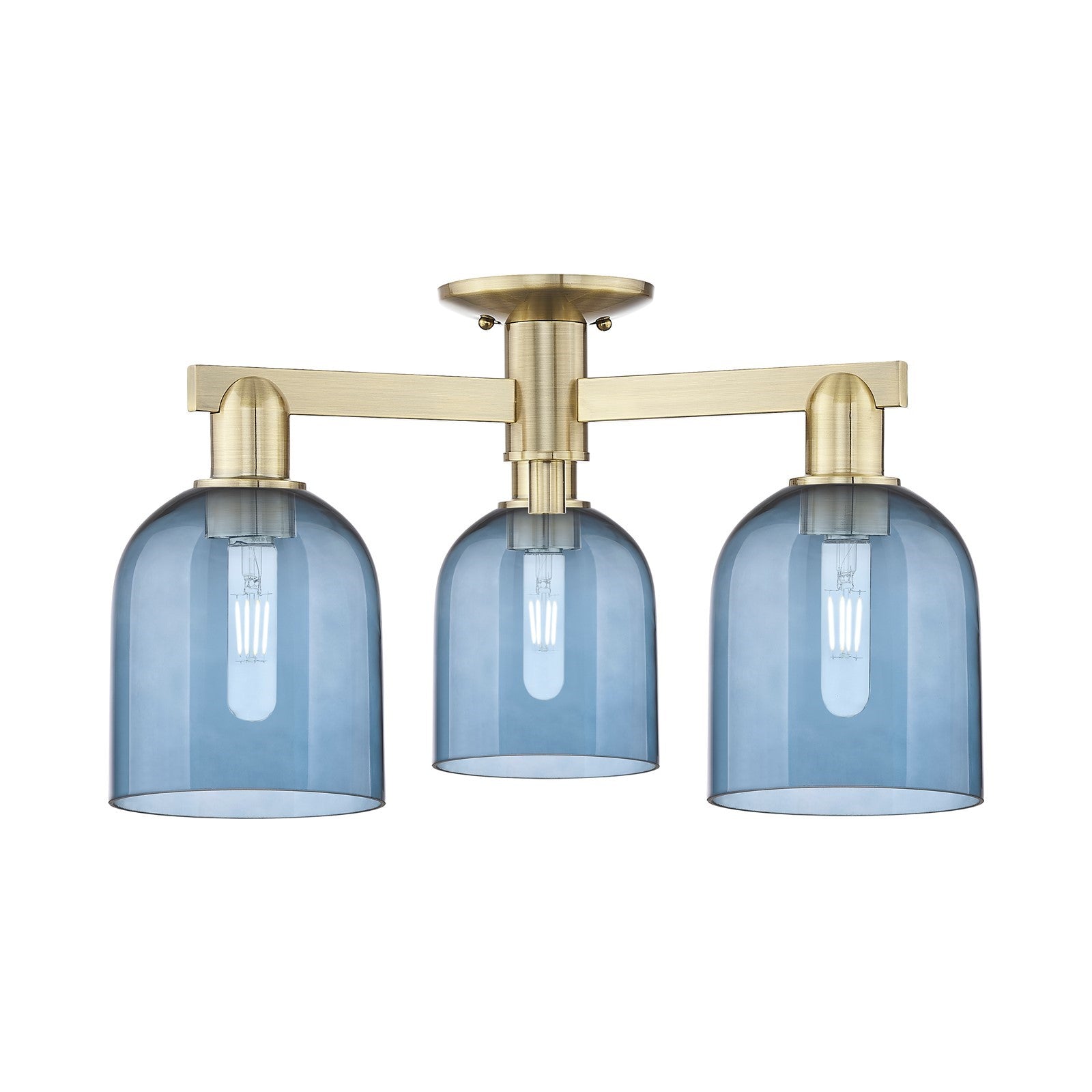 Innovations Bella 23in 3-Light Semi-Flush Mount | Industrial Antique Brass Steel and Blue Glass | Entryway & Hallway | 23 x 23 | Model 716-3F-AB-G558-6BL