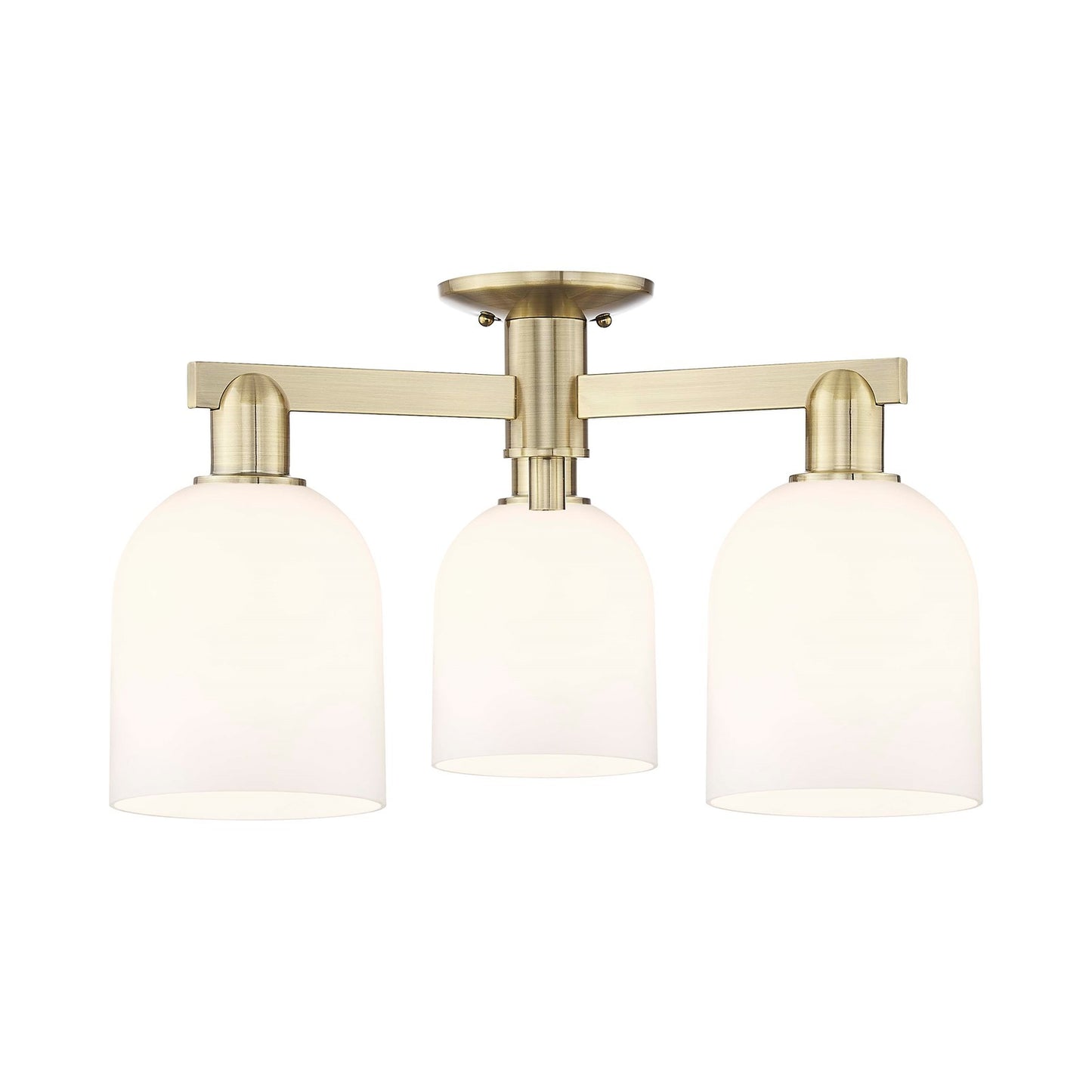Innovations Bella 23in 3-Light Semi-Flush Mount | Industrial Antique Brass Steel and White Glass | Kitchen & Hallway | 23 x 23 | Model 716-3F-AB-G558-6GWH
