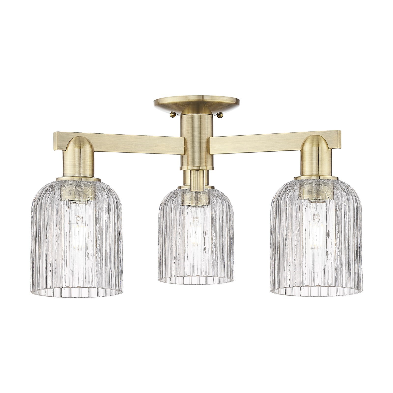 Innovations Bridal Veil 22.5in 3-Light Semi-Flush Mount | Industrial Antique Brass and Clear Ribbed Glass | Damp Rated Living | Model 716-3F-AB-G559-5CL