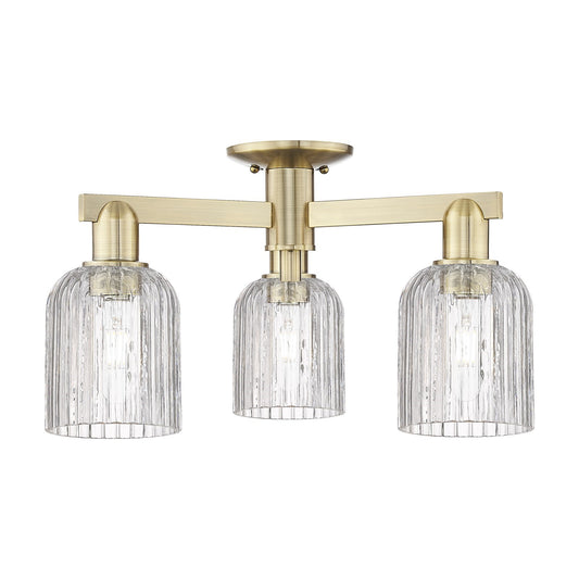Innovations Bridal Veil 22.5in 3-Light Semi-Flush Mount | Industrial Antique Brass and Clear Ribbed Glass | Damp Rated Living | Model 716-3F-AB-G559-5CL