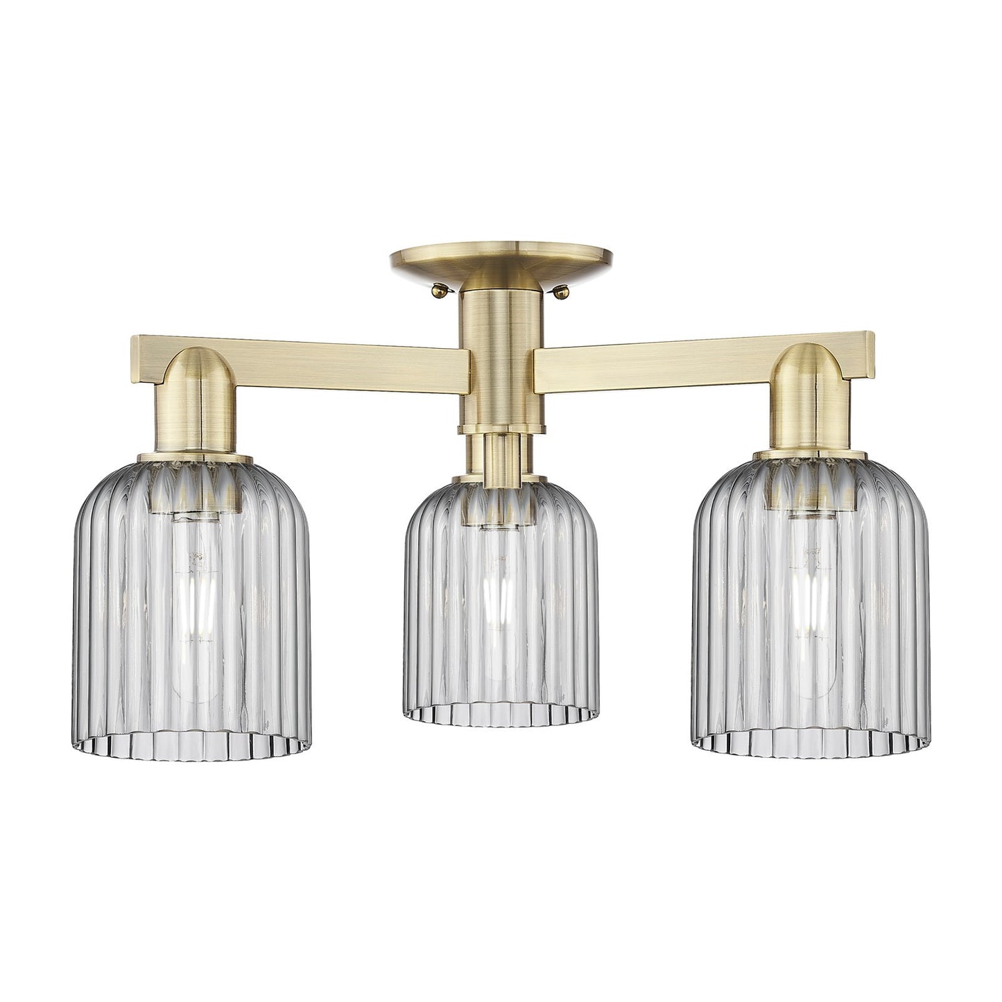 Innovations Bridal Veil 22.5in 3-Light Semi-Flush Mount | Industrial Antique Brass Steel and Light Smoke Ribbed Glass | Kitchen | Model 716-3F-AB-G559-5SM