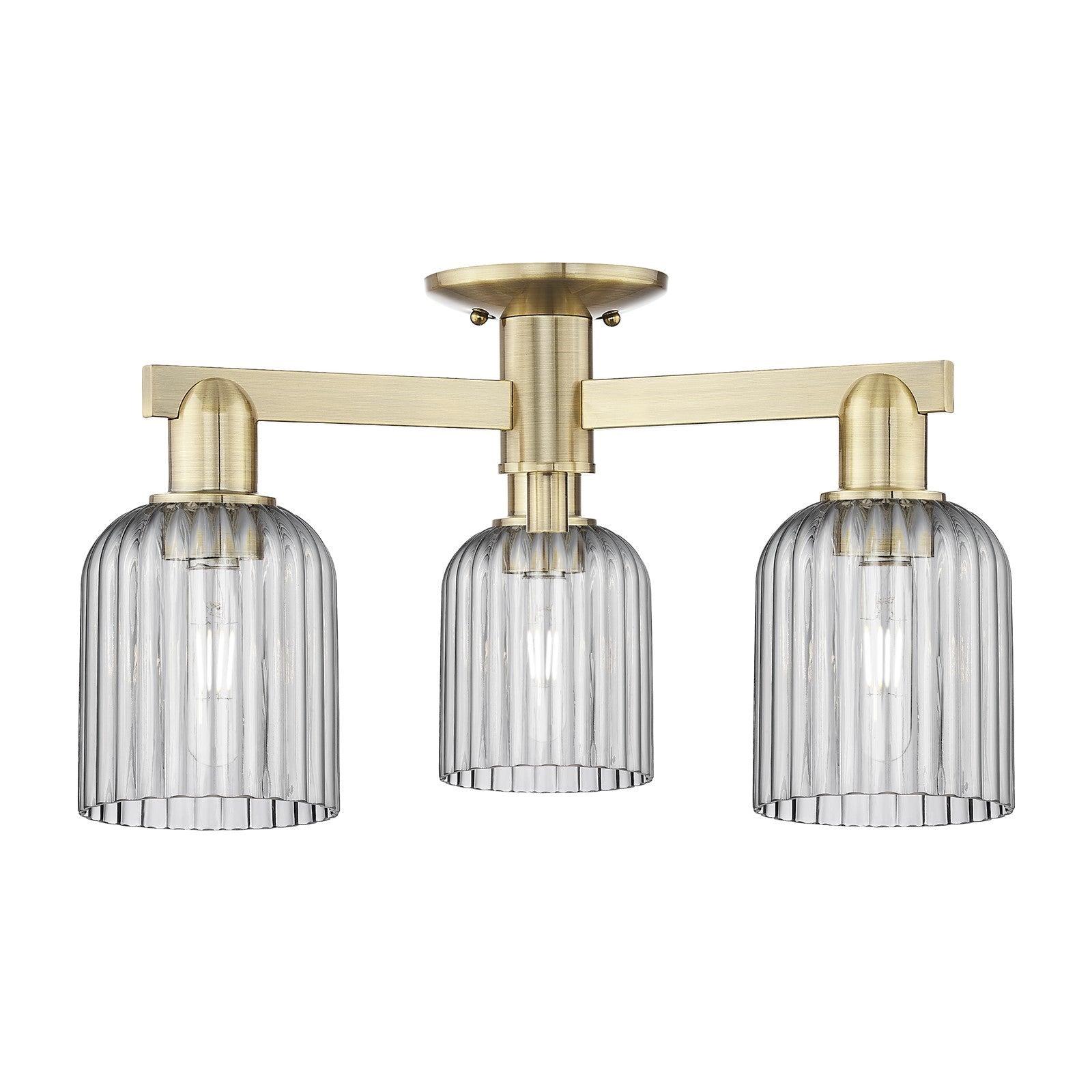 Innovations Bridal Veil 22.5in 3-Light Semi-Flush Mount | Industrial Antique Brass Steel and Light Smoke Ribbed Glass | Kitchen | Model 716-3F-AB-G559-5SM