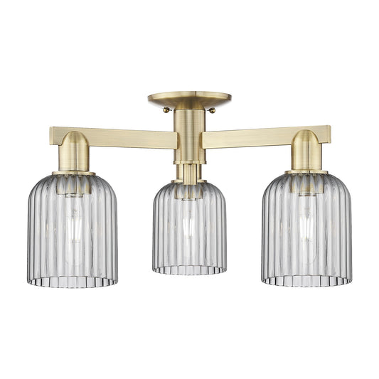 Innovations Bridal Veil 22.5in 3-Light Semi-Flush Mount | Industrial Antique Brass Steel and Light Smoke Ribbed Glass | Kitchen | Model 716-3F-AB-G559-5SM