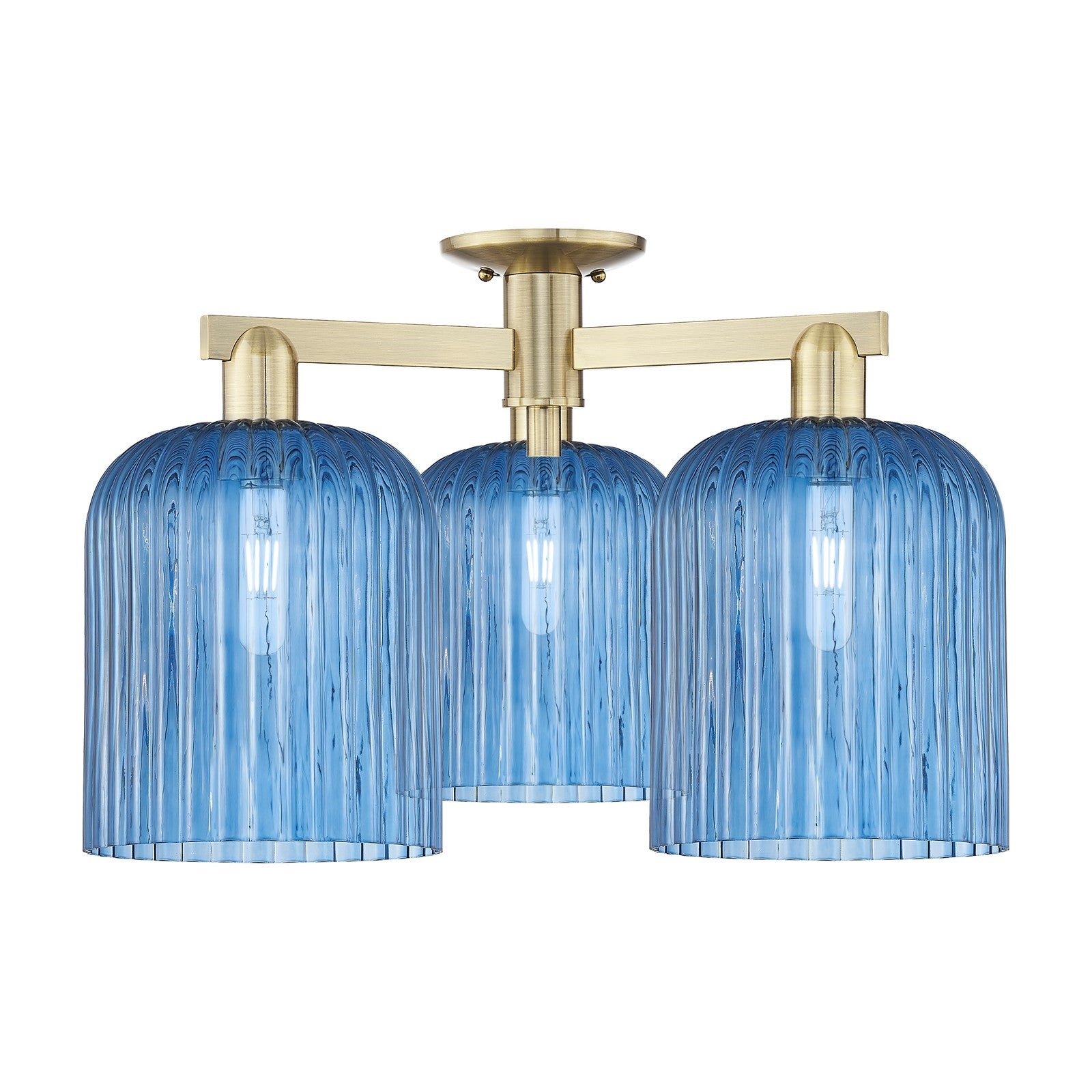 Innovations Bridal Veil 26in 3-Light Semi-Flush Mount | Industrial Antique Brass Steel and Princess Blue Ribbed Glass | Living | Model 716-3F-AB-G559-8BL