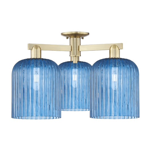 Innovations Bridal Veil 26in 3-Light Semi-Flush Mount | Industrial Antique Brass Steel and Princess Blue Ribbed Glass | Living | Model 716-3F-AB-G559-8BL