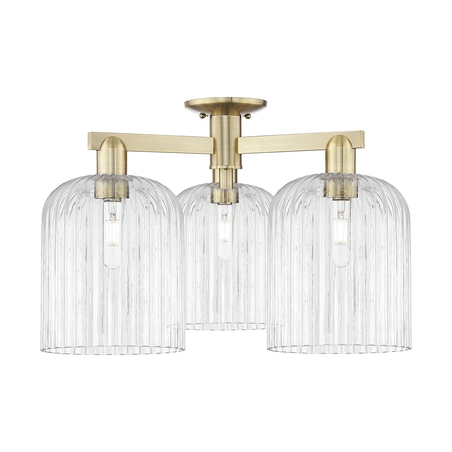 Innovations Bridal Veil 26in 3-Light Semi-Flush Mount | Industrial Antique Brass Steel and Clear Ribbed Glass | Living Room & | Model 716-3F-AB-G559-8CL