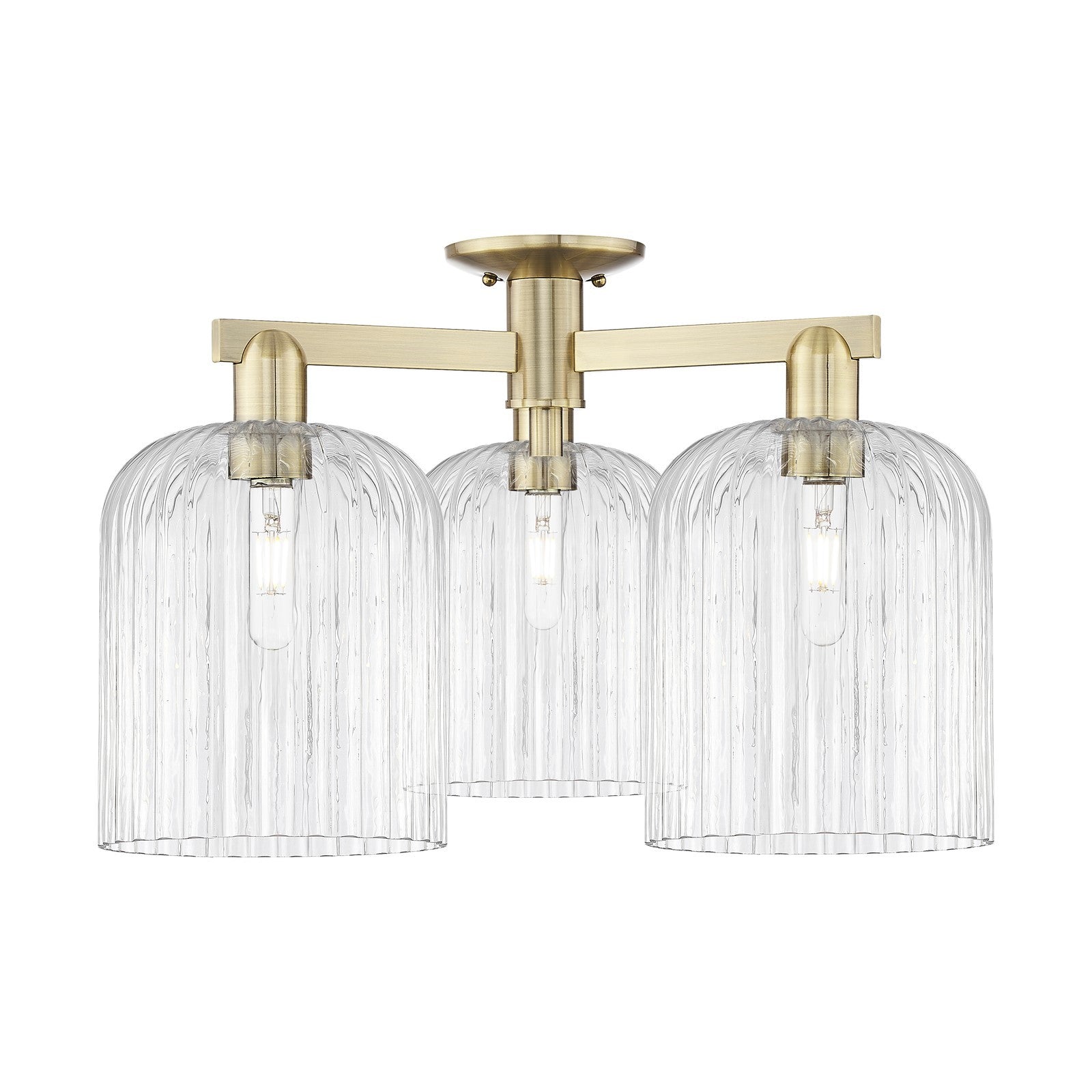 Innovations Bridal Veil 26in 3-Light Semi-Flush Mount | Industrial Antique Brass Steel and Clear Ribbed Glass | Living Room & | Model 716-3F-AB-G559-8CL