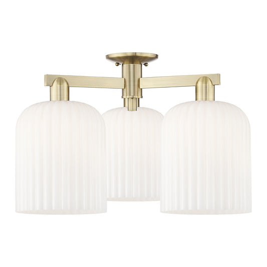 Innovations Bridal Veil 26in 3-Light Semi-Flush Mount | Industrial Antique Brass and Gloss White Ribbed Glass | Living Room & | Model 716-3F-AB-G559-8GWH