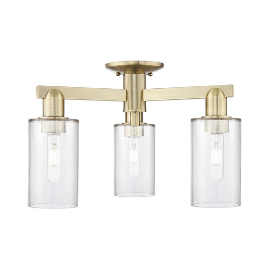 Innovations Clymer 21in 3-Light Semi-Flush Mount | Industrial Antique Brass Steel and Clear Glass | Entryway & Hallway | 21.38 x | Model 716-3F-AB-G802