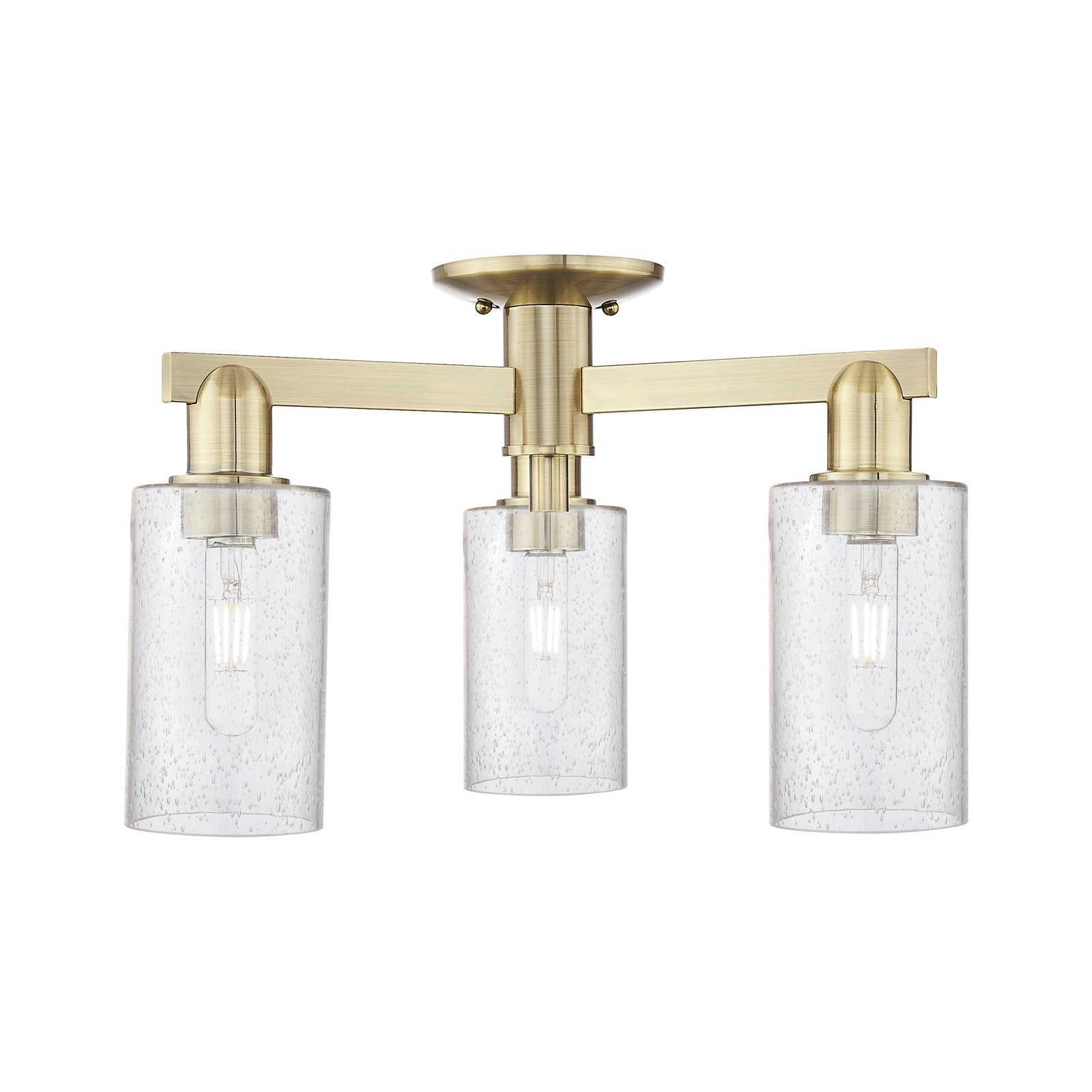 Innovations Clymer 21in 3-Light Semi-Flush Mount | Industrial Antique Brass Steel and Seedy Glass | Entryway & Hallway | 21.38 x | Model 716-3F-AB-G804
