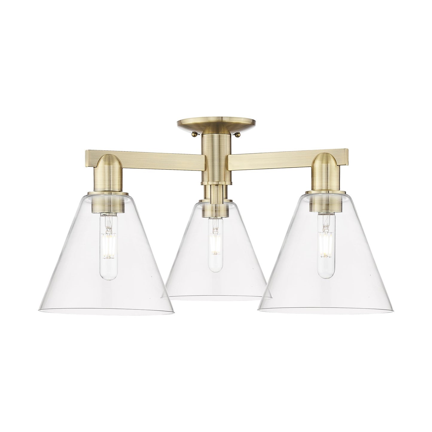 Innovations Berkshire Glass 26in 3-Light Semi-Flush Mount | Industrial Antique Brass Steel and Clear Cone Glass | Entryway & | Model 716-3F-AB-GBC-82