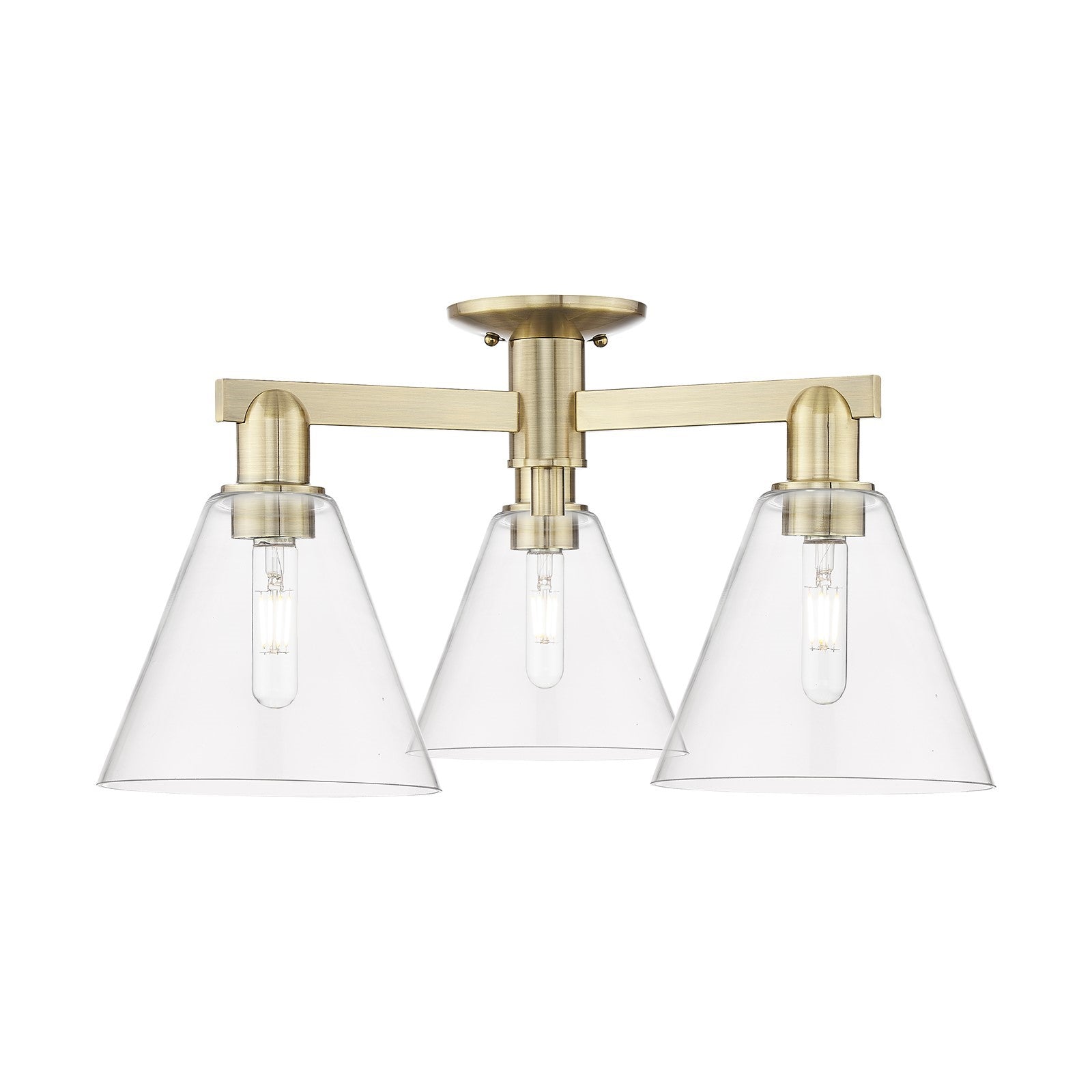 Innovations Berkshire Glass 26in 3-Light Semi-Flush Mount | Industrial Antique Brass Steel and Clear Cone Glass | Entryway & | Model 716-3F-AB-GBC-82