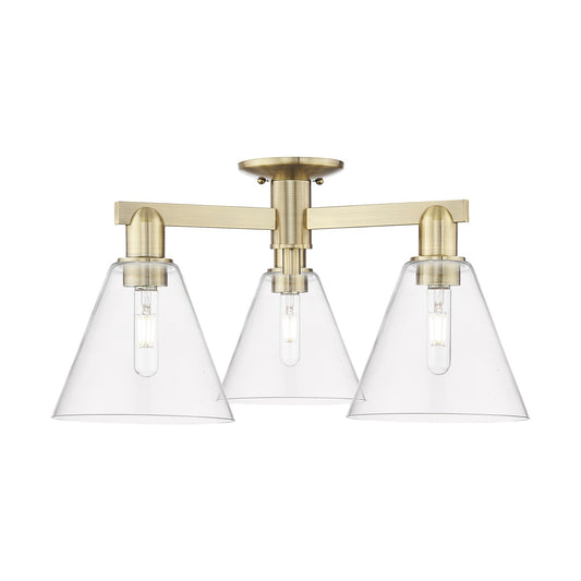 Innovations Berkshire Glass 26in 3-Light Semi-Flush Mount | Industrial Antique Brass Steel and Clear Cone Glass | Entryway & | Model 716-3F-AB-GBC-82