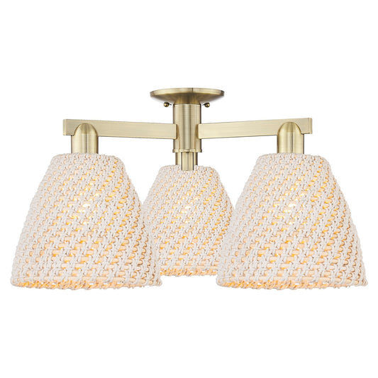 Innovations Bristol Natural 27in 3-Light Semi-Flush Mount | Industrial Antique Brass and Natural Fiber Dome | Living Room & | Model 716-3F-AB-NBD-9-NAT