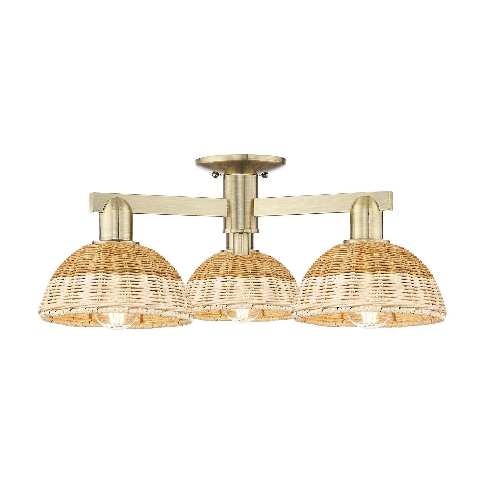 Innovations Natural Ballston Dome 25in 3-Light Semi-Flush Mount | Farmhouse Antique Brass and Natural Fiber | Kitchen & | Model 716-3F-AB-NBD2-75-NAT