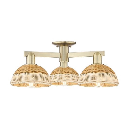 Innovations Natural Ballston Dome 25in 3-Light Semi-Flush Mount | Farmhouse Antique Brass and Natural Fiber | Kitchen & | Model 716-3F-AB-NBD2-75-NAT