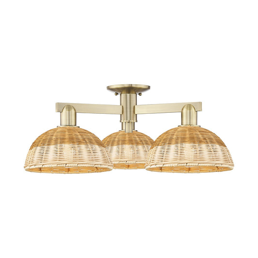 Innovations Bristol Natural II 27in 3-Light Semi-Flush Mount | Industrial Antique Brass Steel and Natural Fiber Shade | Damp | Model 716-3F-AB-NBD2-9-NAT