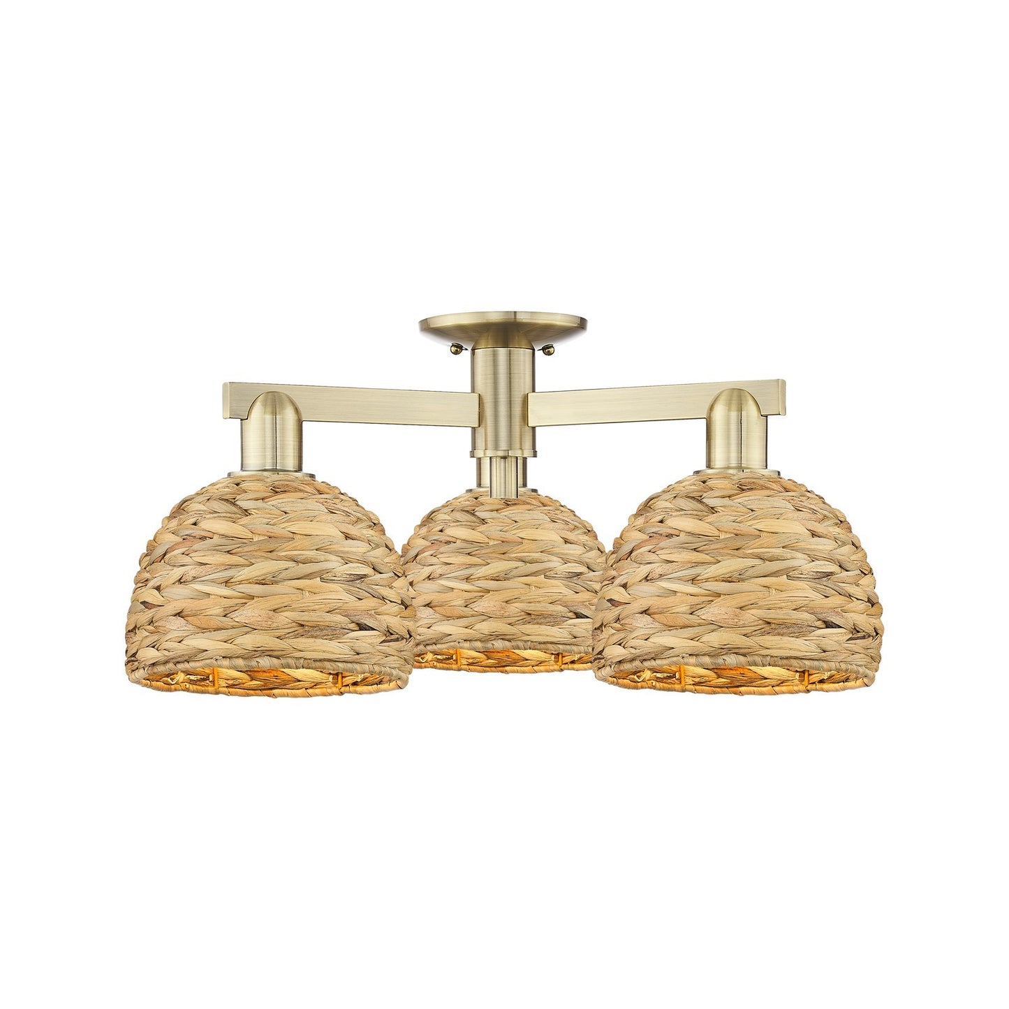 Innovations Woven Rattan 26in 3-Light Semi-Flush Mount | Industrial Antique Brass Steel and Natural Fiber Dome Shade | Living | Model 716-3F-AB-RBD-8-NAT