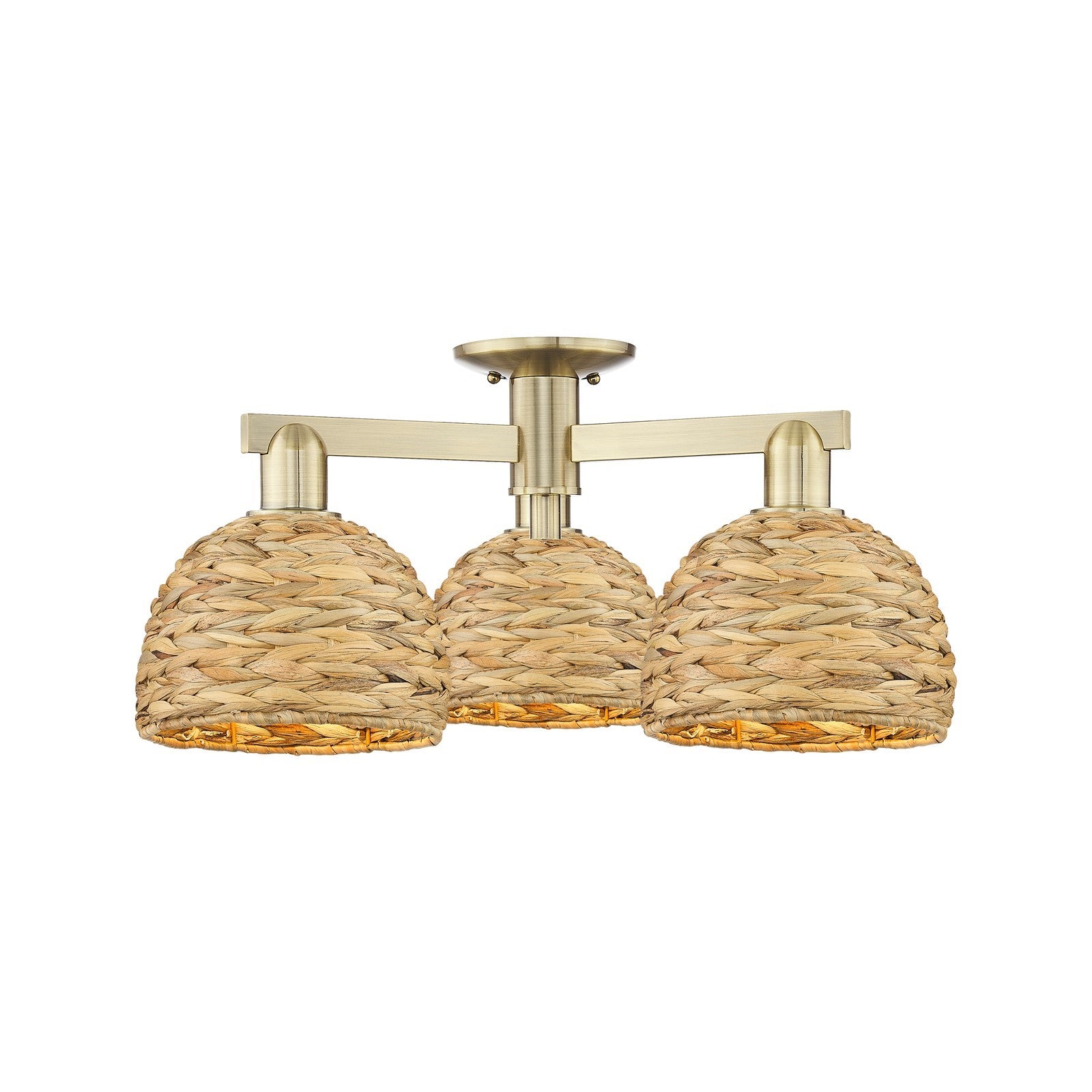 Innovations Woven Rattan 26in 3-Light Semi-Flush Mount | Industrial Antique Brass Steel and Natural Fiber Dome Shade | Living | Model 716-3F-AB-RBD-8-NAT