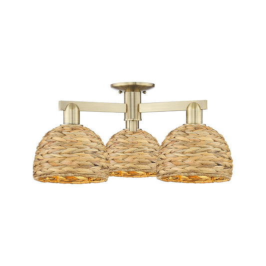 Innovations Woven Rattan 26in 3-Light Semi-Flush Mount | Industrial Antique Brass Steel and Natural Fiber Dome Shade | Living | Model 716-3F-AB-RBD-8-NAT