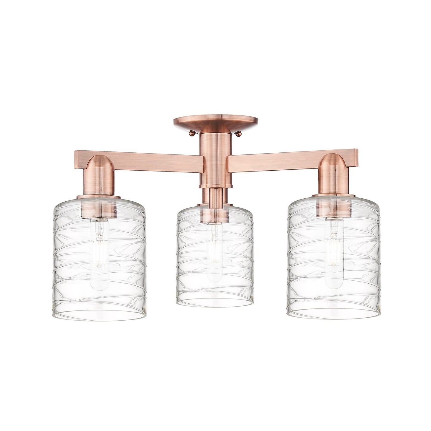 Innovations Cobbleskill 23in 3-Light Semi-Flush Mount | Industrial Antique Copper Steel and Deco Swirl Glass | Entryway & Hallway | Model 716-3F-AC-G1113