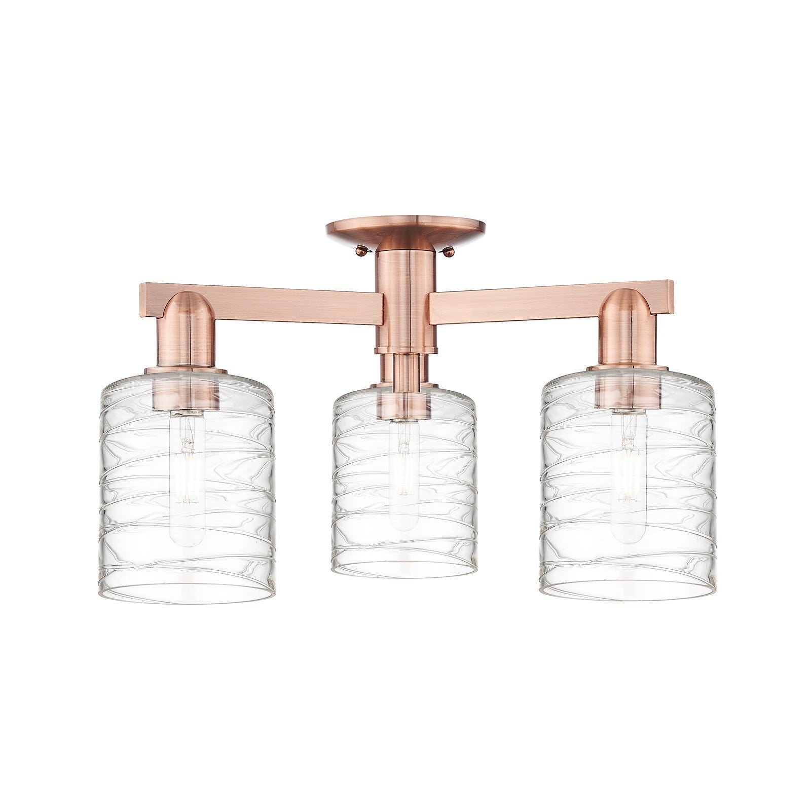 Innovations Cobbleskill 23in 3-Light Semi-Flush Mount | Industrial Antique Copper Steel and Deco Swirl Glass | Entryway & Hallway | Model 716-3F-AC-G1113