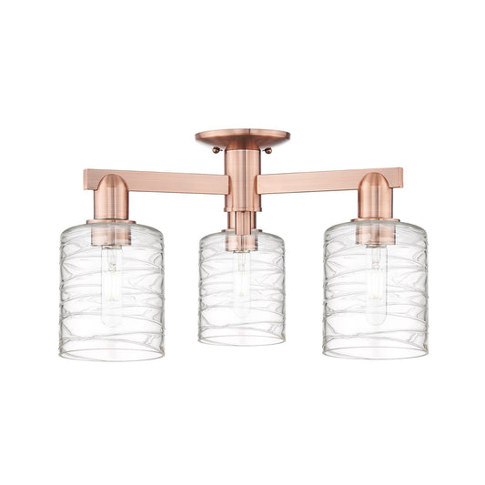 Innovations Cobbleskill 23in 3-Light Semi-Flush Mount | Industrial Antique Copper Steel and Deco Swirl Glass | Entryway & Hallway | Model 716-3F-AC-G1113