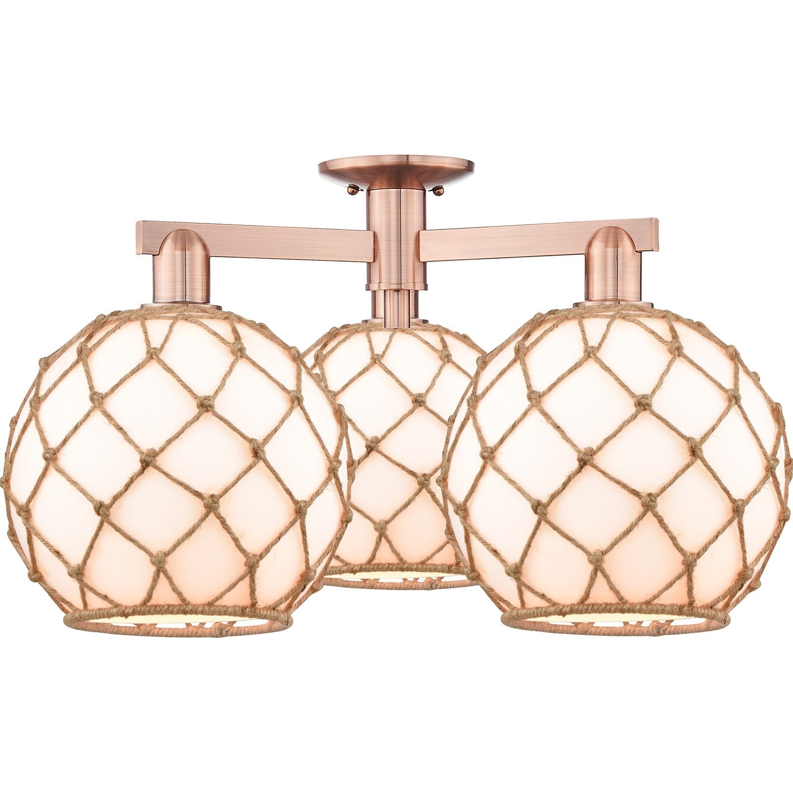 Innovations Farmhouse Rope 28in 3-Light Semi-Flush Mount | Industrial Antique Copper Steel and Matte White Glass with Rope | Model 716-3F-AC-G121-10RB