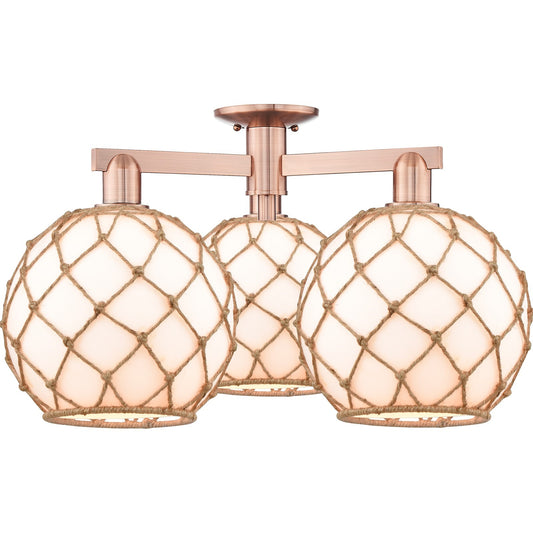 Innovations Farmhouse Rope 28in 3-Light Semi-Flush Mount | Industrial Antique Copper Steel and Matte White Glass with Rope | Model 716-3F-AC-G121-10RB
