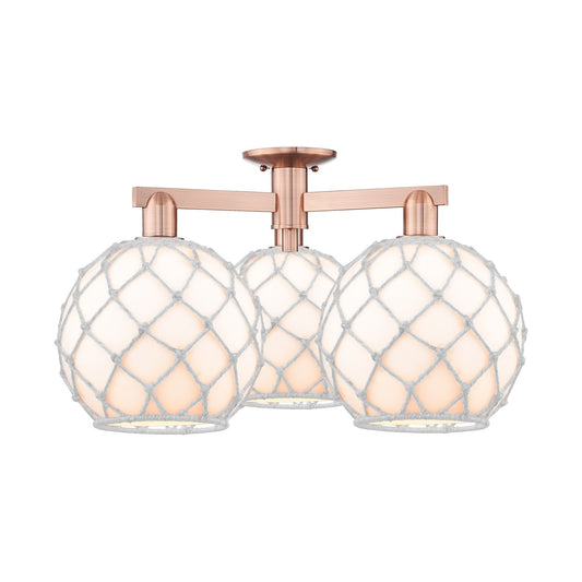 Innovations Farmhouse Rope 28in 3-Light Semi-Flush Mount | Industrial Antique Copper Steel and White Glass with Rope Shade | Model 716-3F-AC-G121-10RW