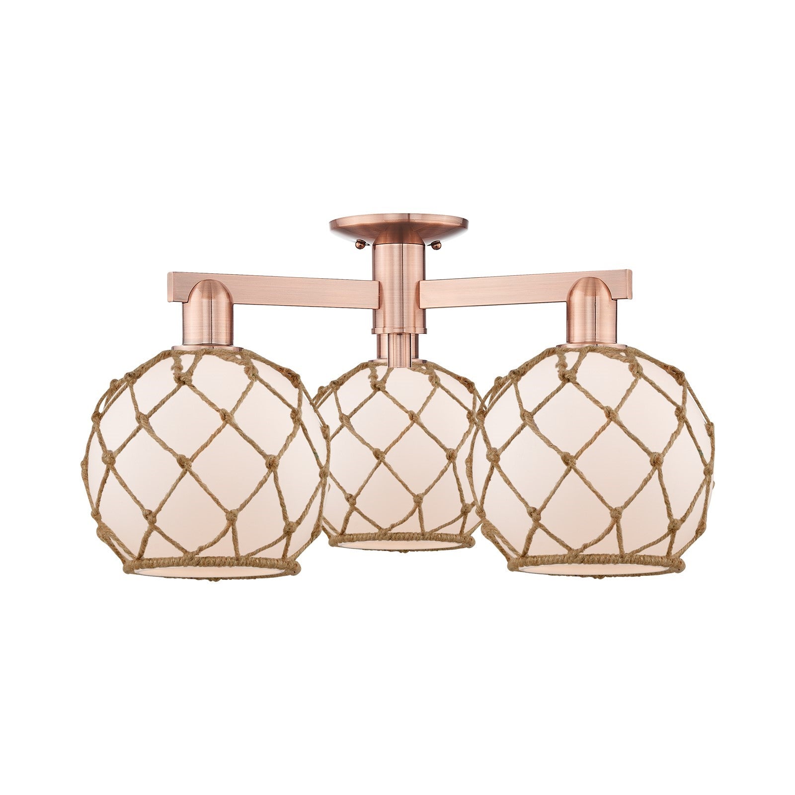 Innovations Farmhouse Rope 26in 3-Light Semi-Flush Mount | Industrial Antique Copper Steel and White Glass with Brown Rope | Model 716-3F-AC-G121-8RB