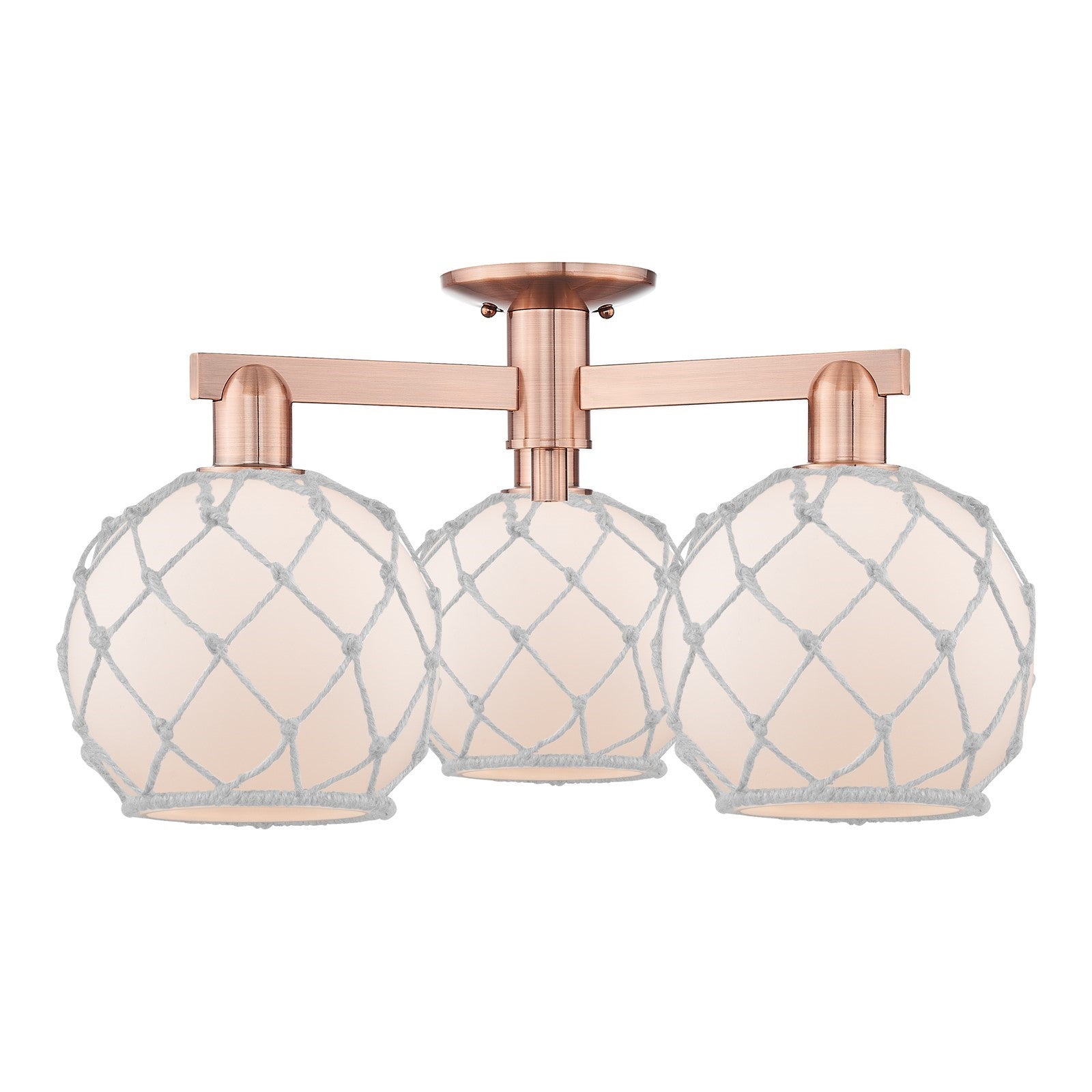 Innovations Farmhouse Rope 26in 3-Light Semi-Flush Mount | Industrial Antique Copper Steel and White Frosted Glass with Rope | Model 716-3F-AC-G121-8RW