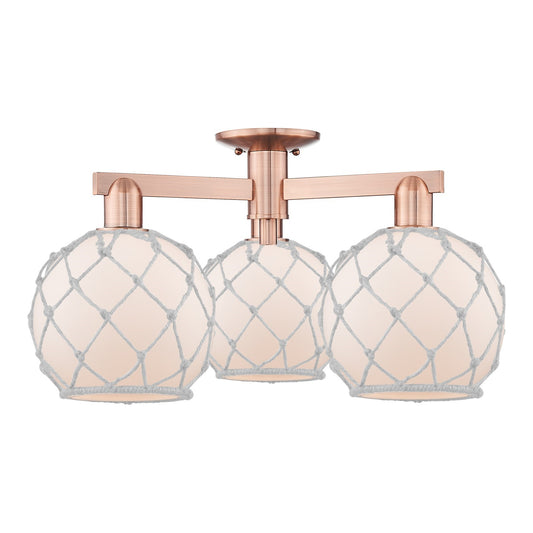 Innovations Farmhouse Rope 26in 3-Light Semi-Flush Mount | Industrial Antique Copper Steel and White Frosted Glass with Rope | Model 716-3F-AC-G121-8RW