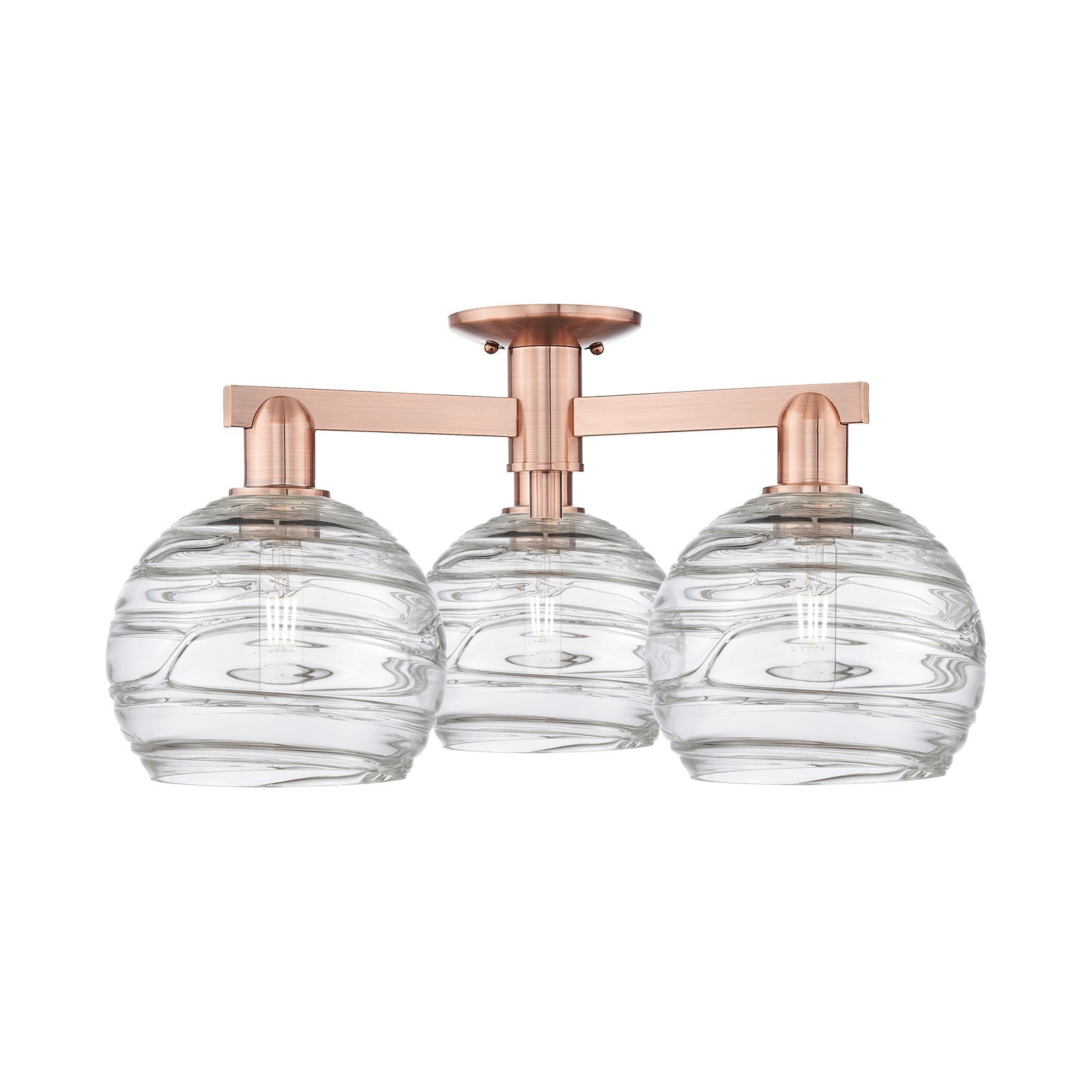 Innovations Athens Deco Swirl 26in 3-Light Semi-Flush Mount | Industrial Antique Copper Steel and Clear Deco Swirl Glass | Model 716-3F-AC-G1213-8CL