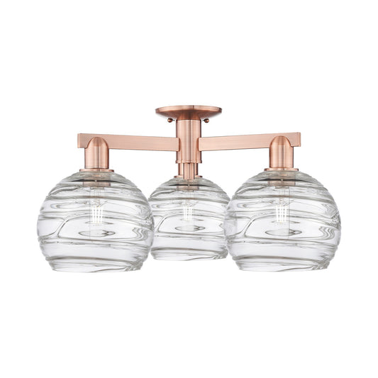 Innovations Athens Deco Swirl 26in 3-Light Semi-Flush Mount | Industrial Antique Copper Steel and Clear Deco Swirl Glass | Model 716-3F-AC-G1213-8CL