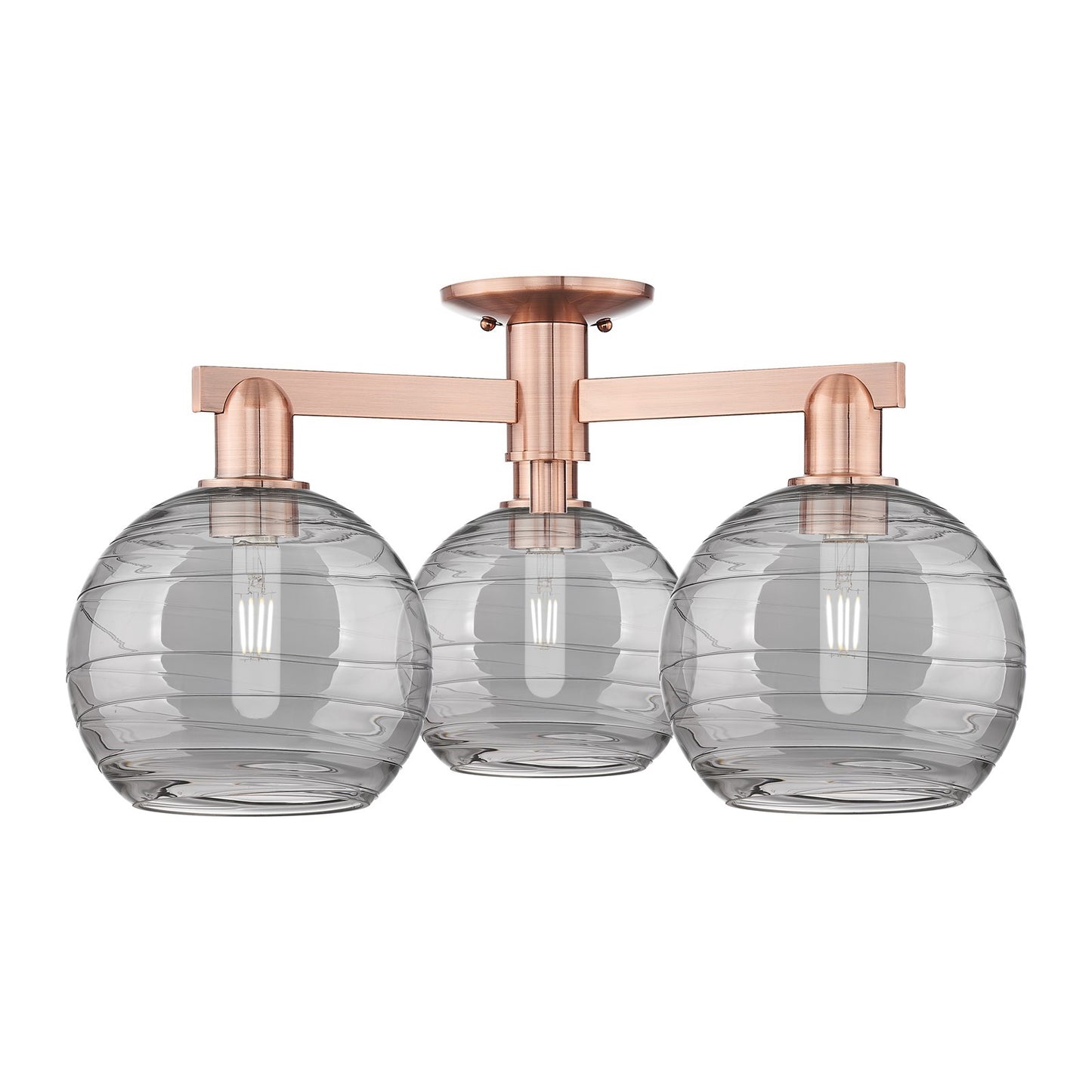 Innovations Athens Deco Swirl 26in 3-Light Semi-Flush Mount | Industrial Antique Copper Steel and Light Smoke Glass | Entryway | Model 716-3F-AC-G1213-8SM