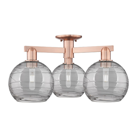 Innovations Athens Deco Swirl 26in 3-Light Semi-Flush Mount | Industrial Antique Copper Steel and Light Smoke Glass | Entryway | Model 716-3F-AC-G1213-8SM